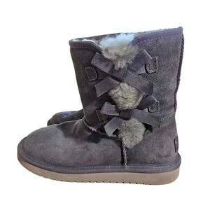 Grey Koolaburra by UGG Victoria Bow Boots - Suede Faux Fur Trimmed Winter Us 7